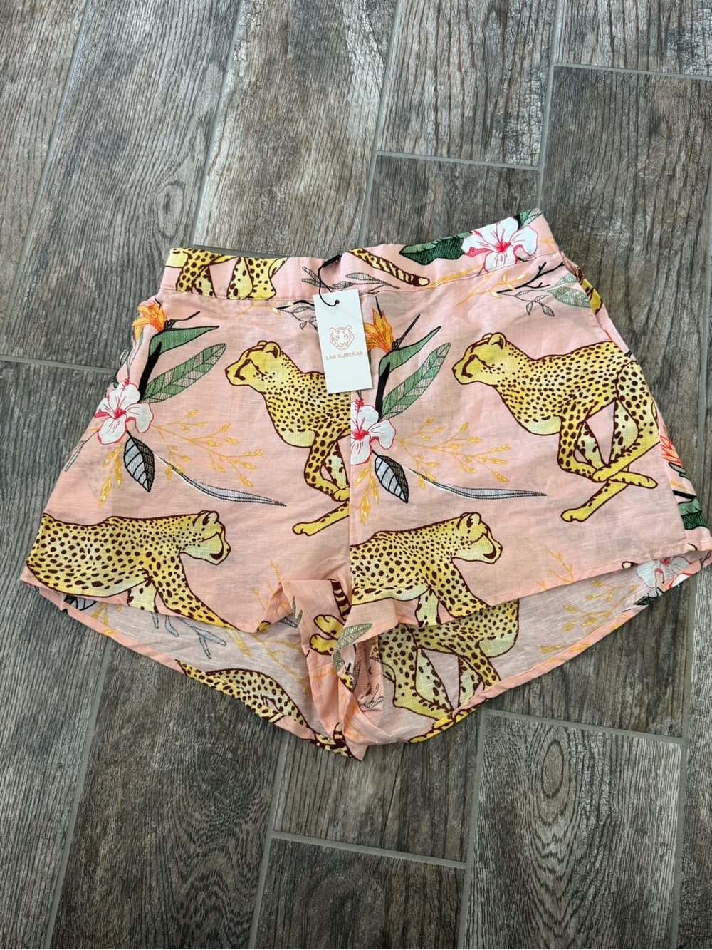 Las Surenas High Waist Pink Floral Cheetah Print Shorts Lightweight Summer Style